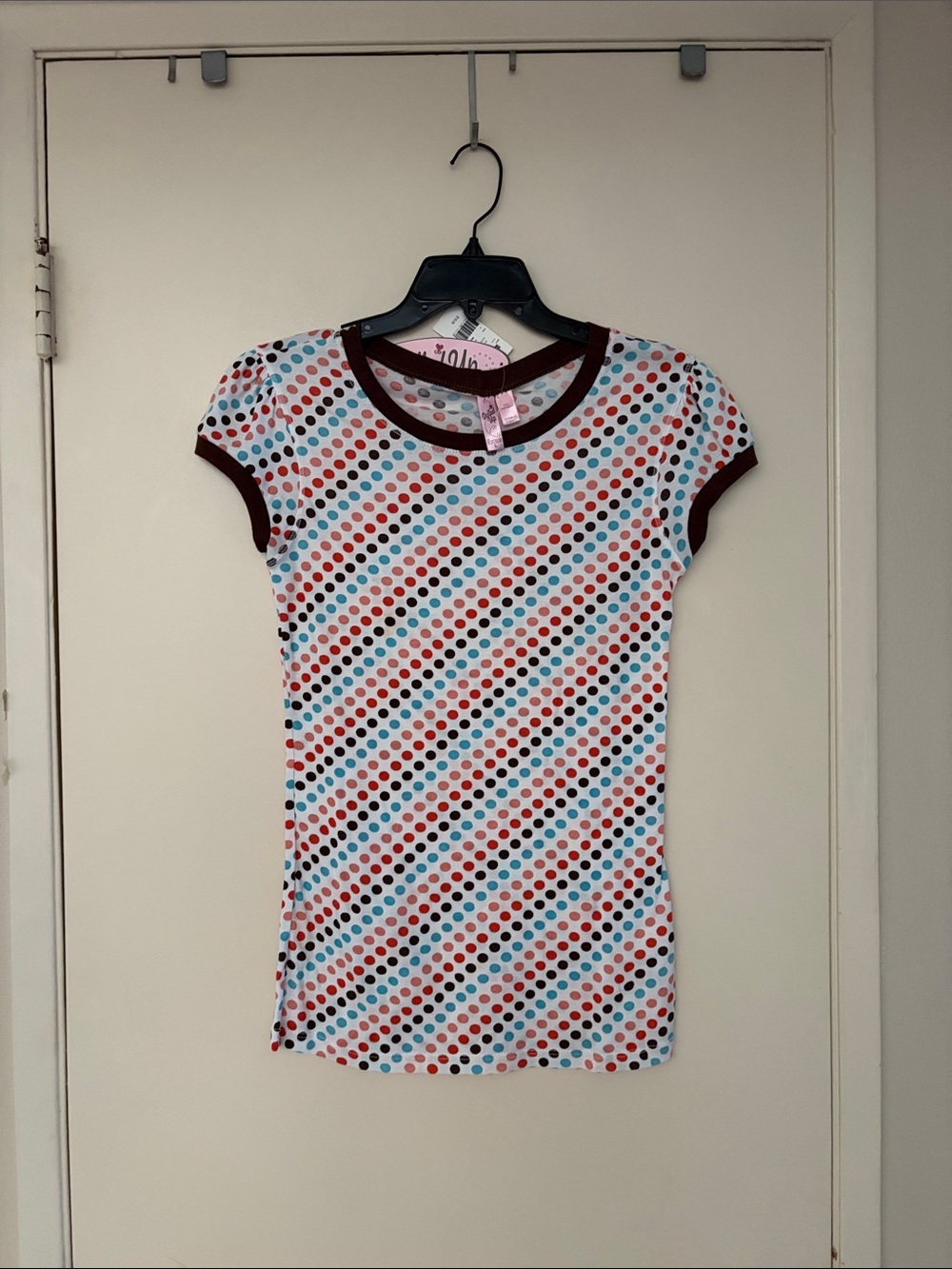 FANG White Polka Dot Short Sleeve Cotton Top with Brown Trim! New with tags! L